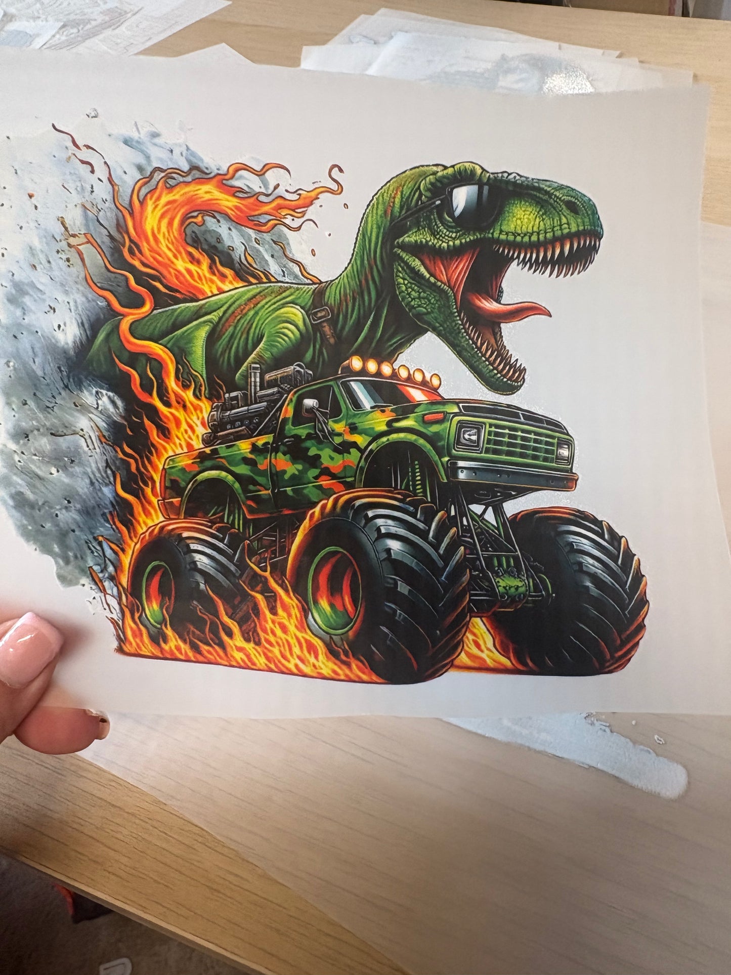 Dinosaur and monster truck transfer